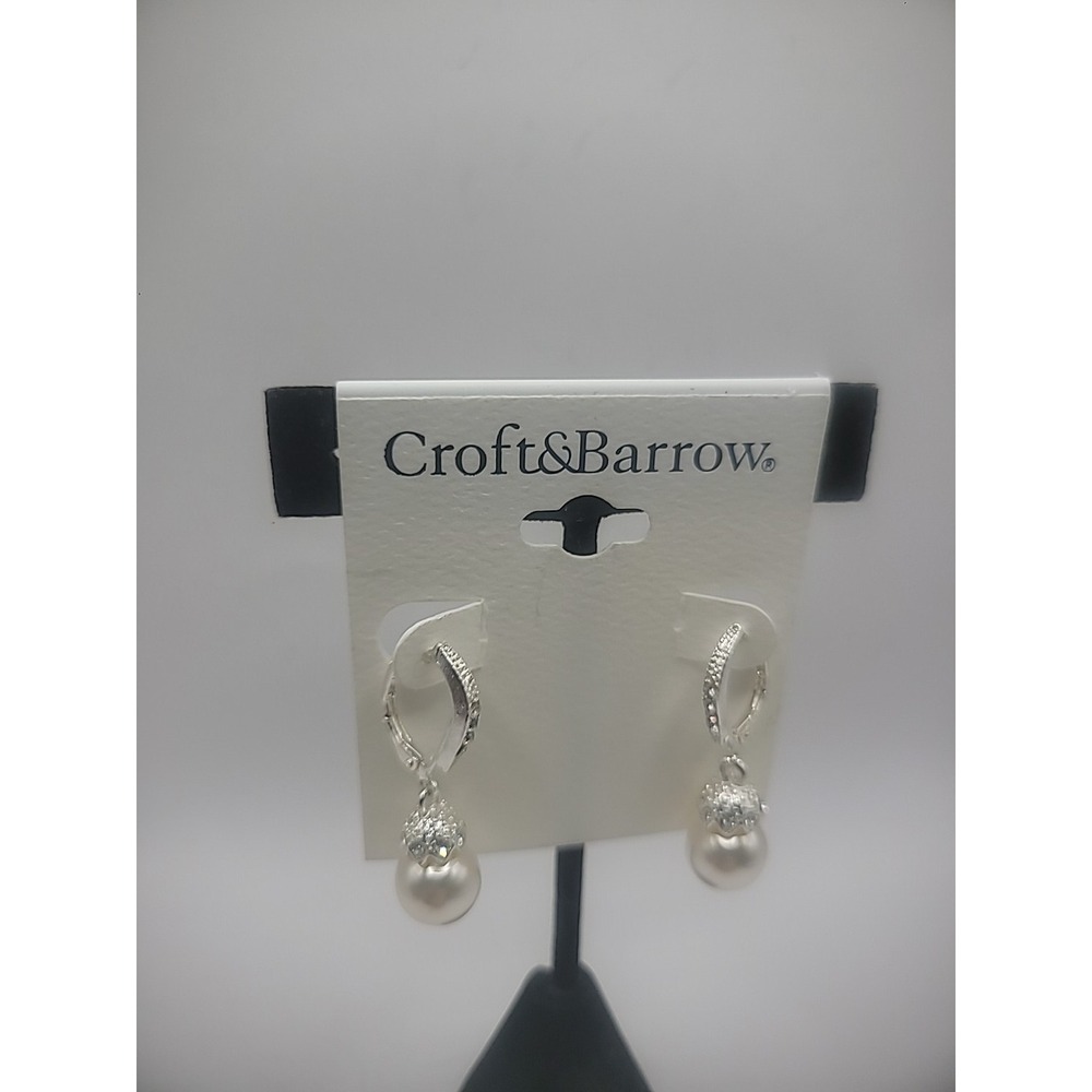 New Earrings Pierced Drop Dangle Lever Back Silver Tone Bead White Crystals